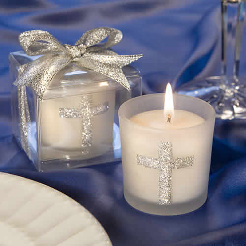 Baptism Candle Favors Silver Cross FREE Rush & Custom Tags
