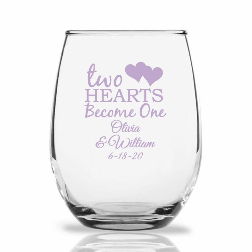 Download Personalized 9 oz. Stemless Wine Glass Two Hearts Become One - FREE Rush