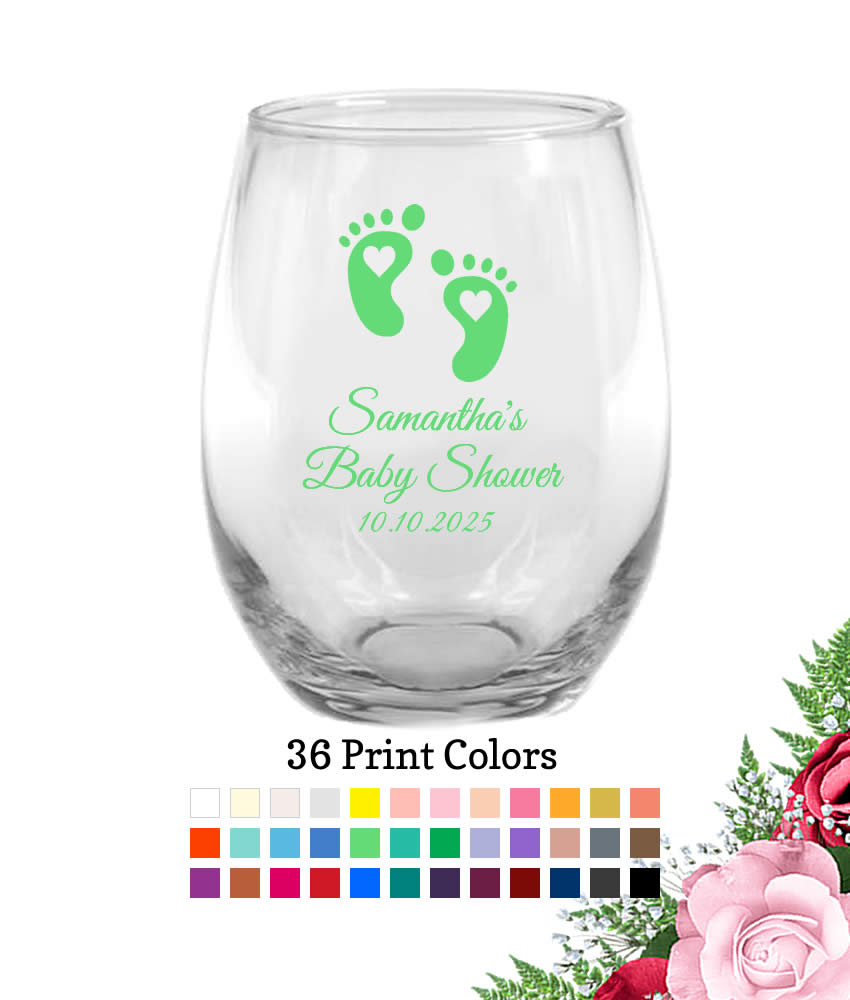 Set of 12 Etched Stemless Wine Glasses Baby Feet Baby Shower