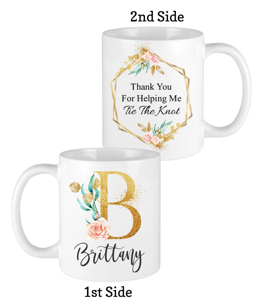 gold floral letter bridesmaid mugs