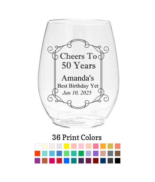 cheers to 50 years scroll plastic wine glasses