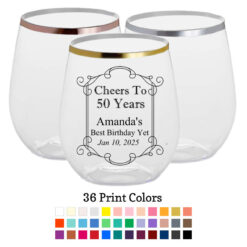 cheers to 50 years scroll rimmed plastic wine glasses