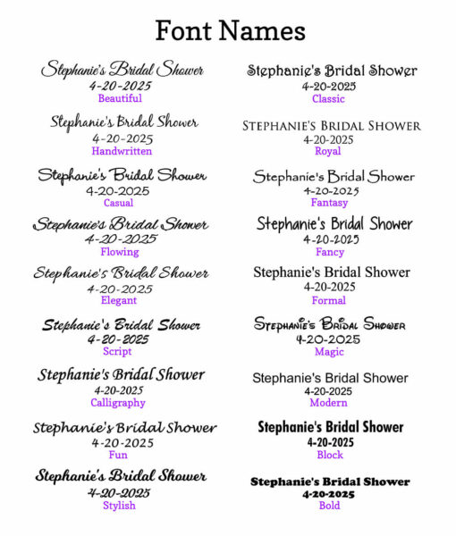 screen print font chart bridal shower