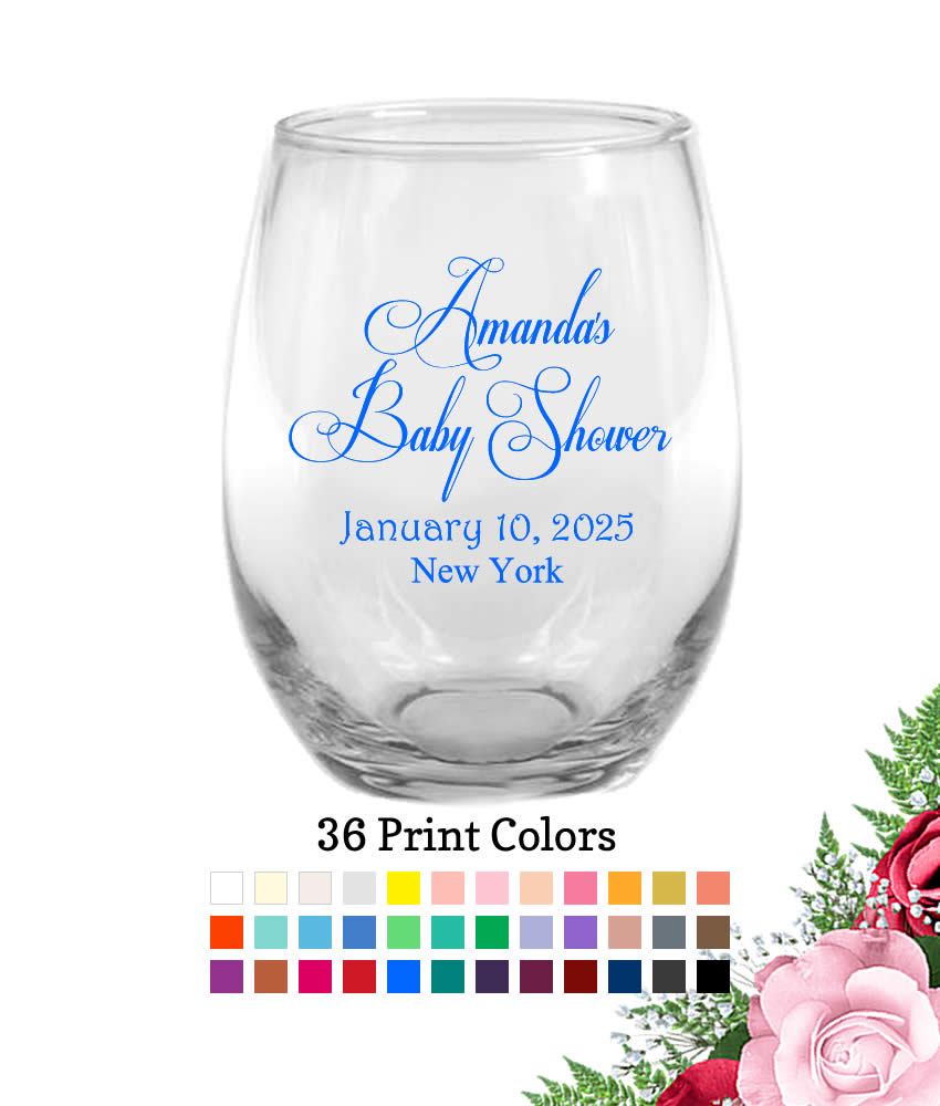 baby shower name script wine glasses