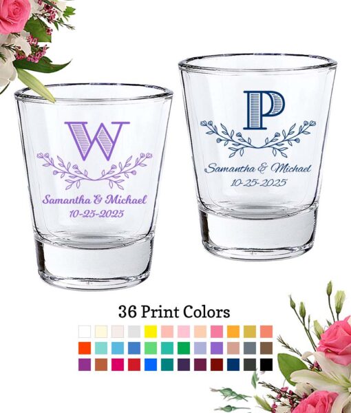 wedding shot glasses leaf monogram