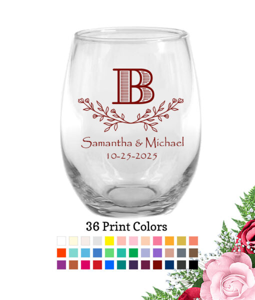 wedding wine glasses leaf monogram