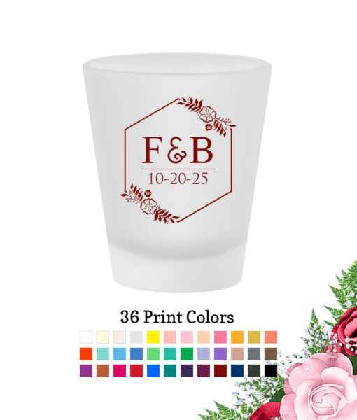 2 initial monogram floral hexagon frosted shot glass