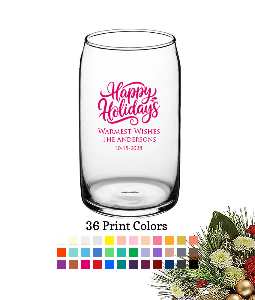 happy holidays 16 oz personalized can glass