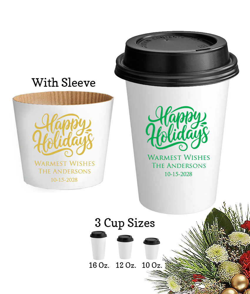happy holidays personalized paper coffee hot cups with lids and sleeve