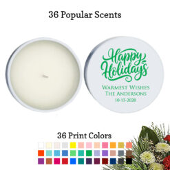 happy holidays personalized white round candle tins