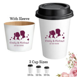 couple paper coffee hot cups with lids and sleeve