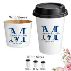 initial monogram wedding custom paper coffee hot cups with lids and sleeve