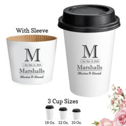 last name monogram paper coffee hot cups with lids and sleeve