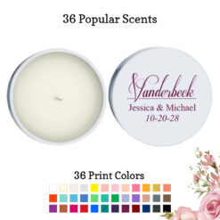 last name script wedding personalized white round candle tins