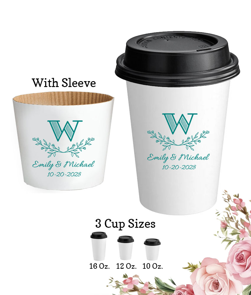 leaf monogram paper coffee hot cups with lids and sleeve leaf monogram paper coffee hot cups with lids and sleeve