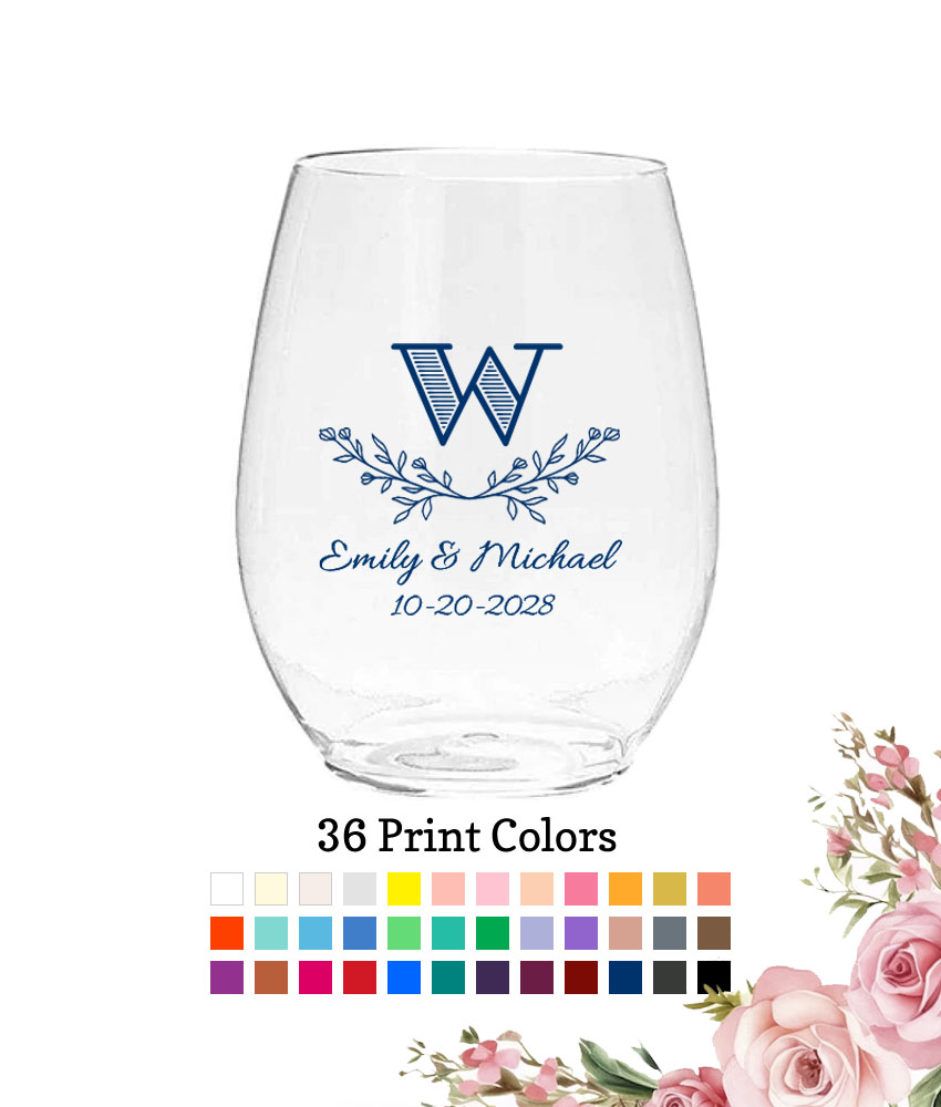 leaf monogram wedding plastic wine glass leaf monogram wedding plastic wine glass