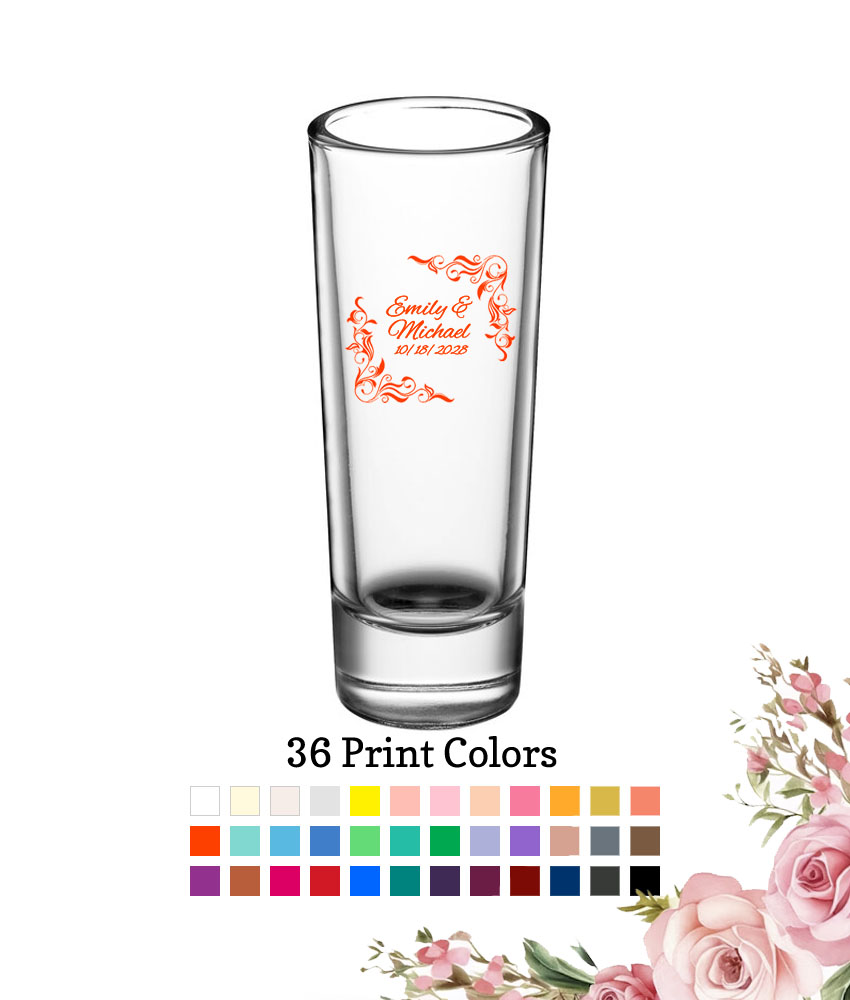 leaf scroll border 2 oz wedding personalized tall shooter shot glass leaf scroll border 2 oz wedding personalized tall shooter shot glass