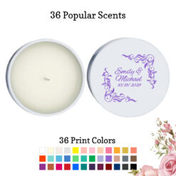 leaf scroll border wedding personalized white round candle tins