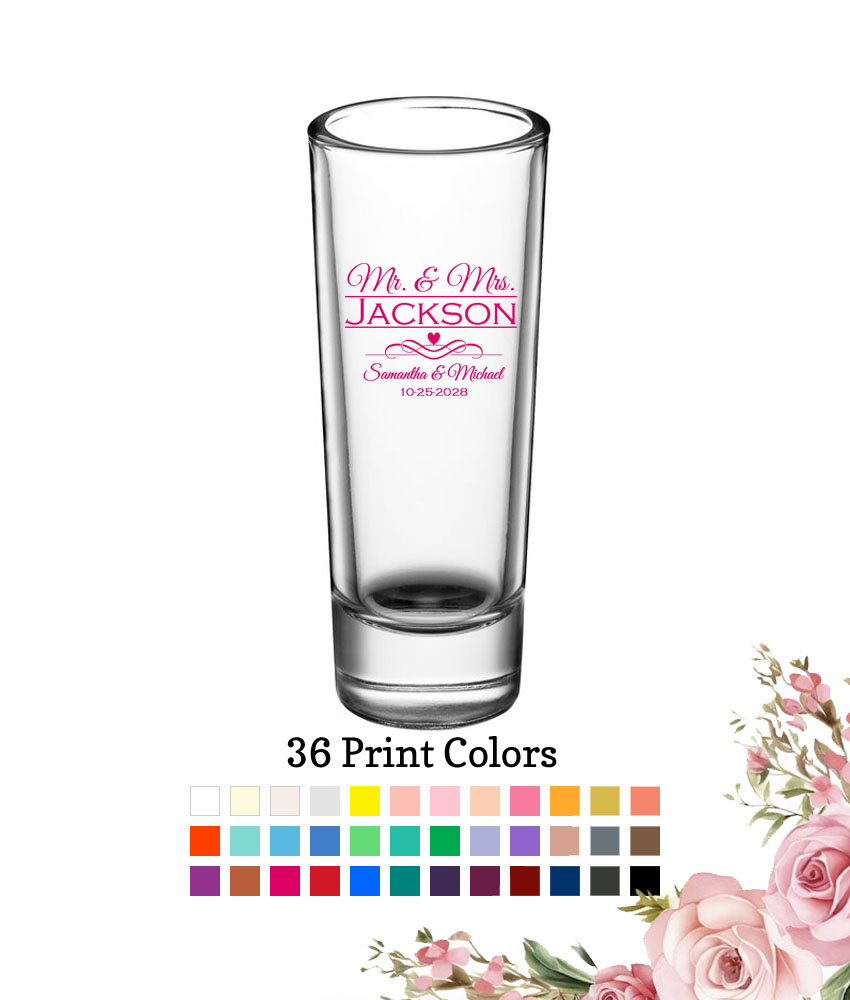 mr mrs last name scroll 2 oz wedding personalized tall shooter shot glass mr mrs last name scroll 2 oz wedding personalized tall shooter shot glass