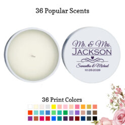 mr mrs last name scroll wedding personalized white round candle tins