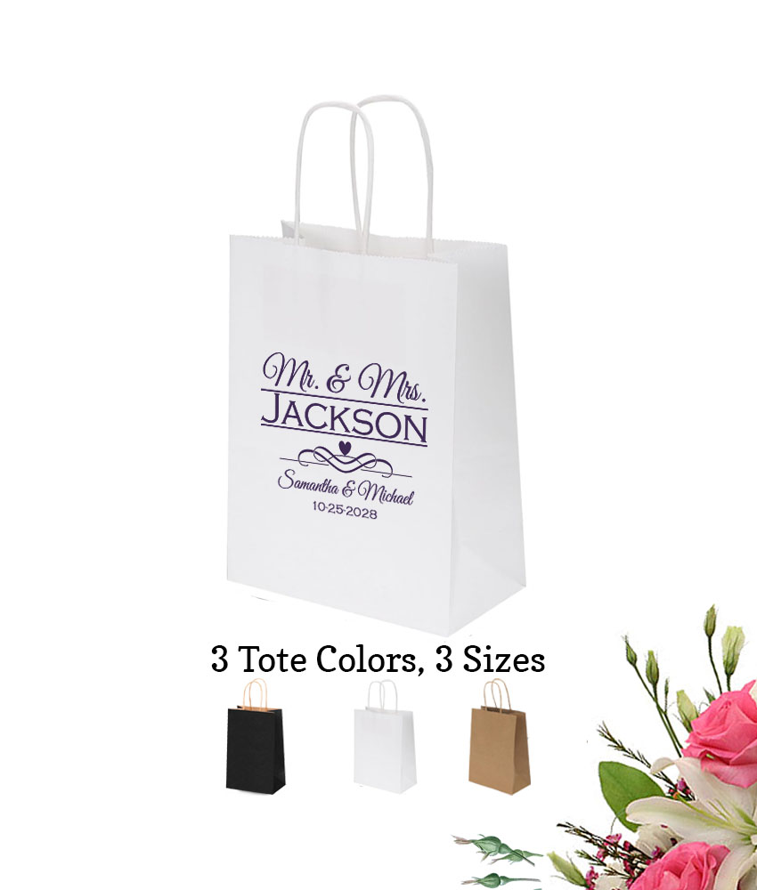 mr mrs name scroll personalized paper tote bags