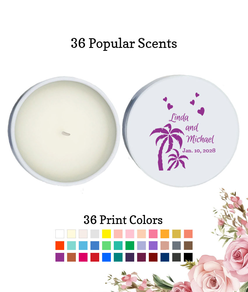 palm tree wedding personalized white round candle tins palm tree wedding personalized white round candle tins