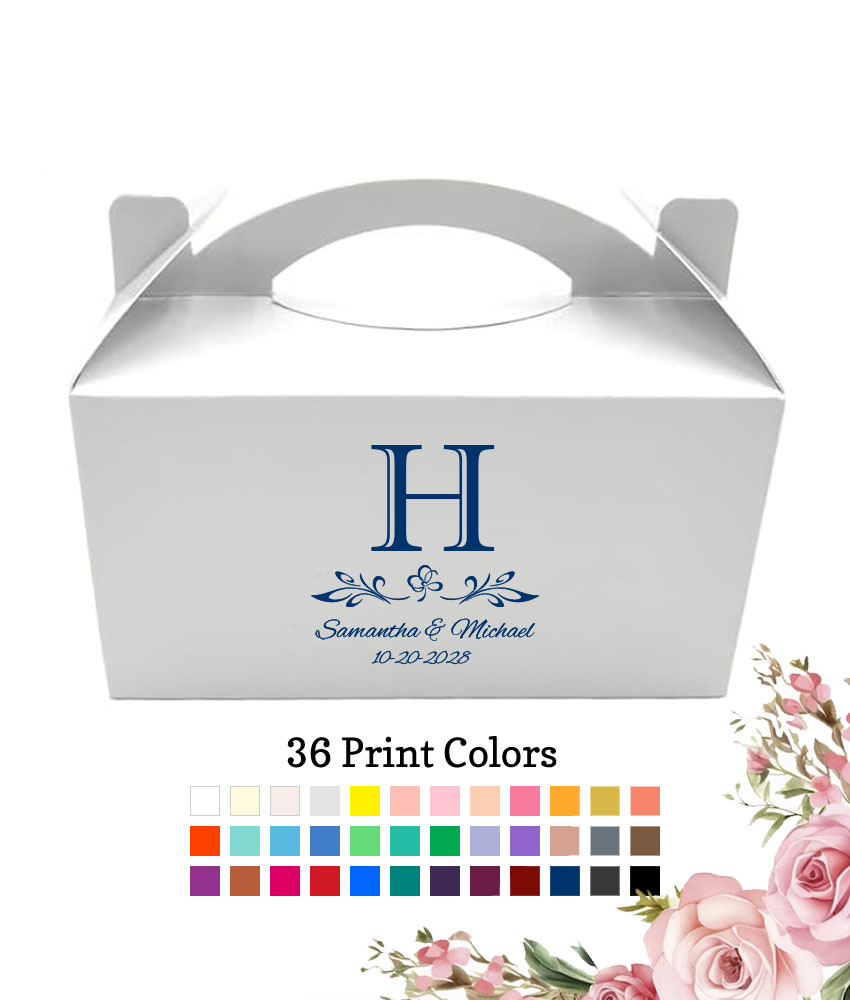 scroll monogram wedding personalized White Take Out Gable Boxes scroll monogram wedding personalized White Take Out Gable Boxes