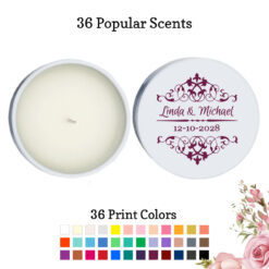 scroll wedding personalized white round candle tins