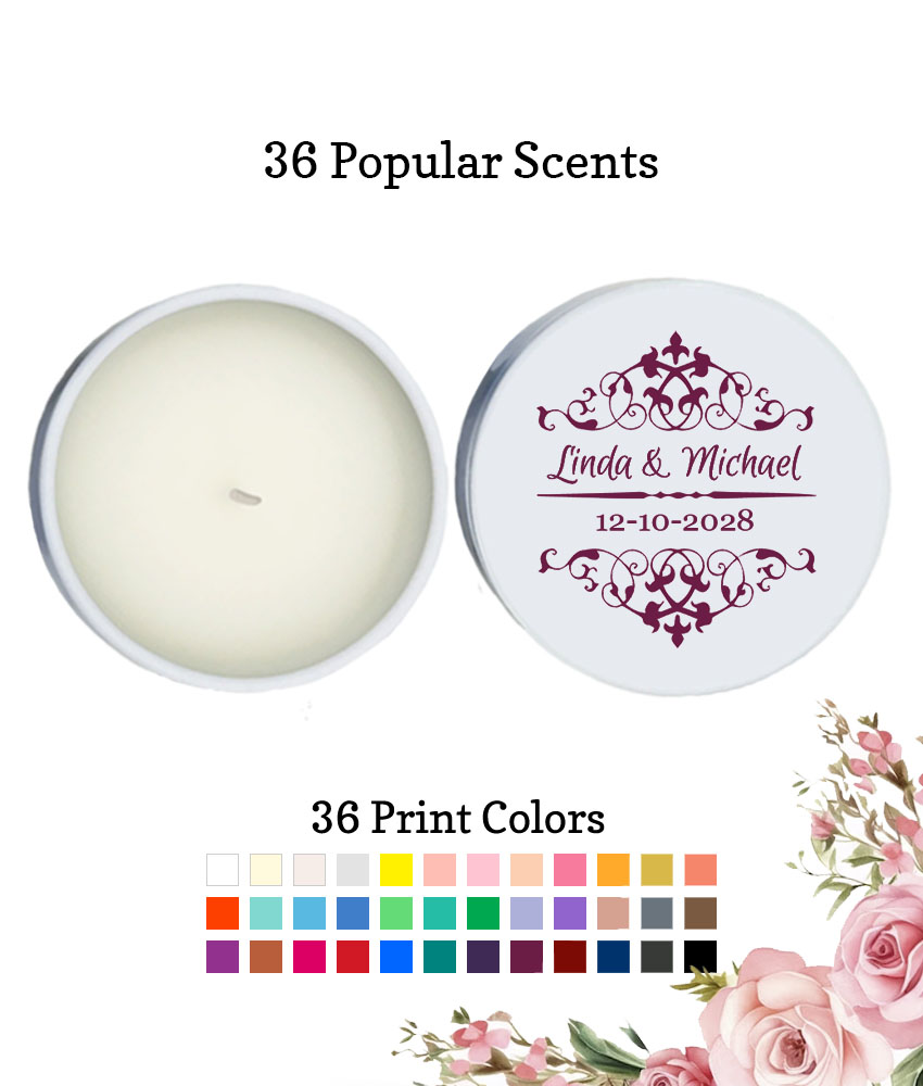 scroll wedding personalized white round candle tins scroll wedding personalized white round candle tins