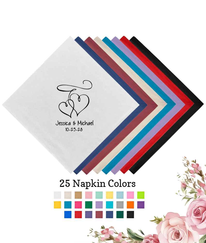 interlocking hearts 3 ply wedding personalized paper beverage napkins