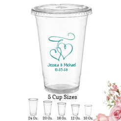 interlocking hearts custom wedding clear plastic cups with lids