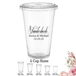 last name script custom wedding clear plastic cups with lids