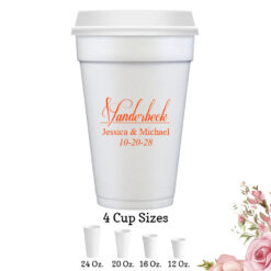 last name script personalized wedding white styrofoam cups with lids