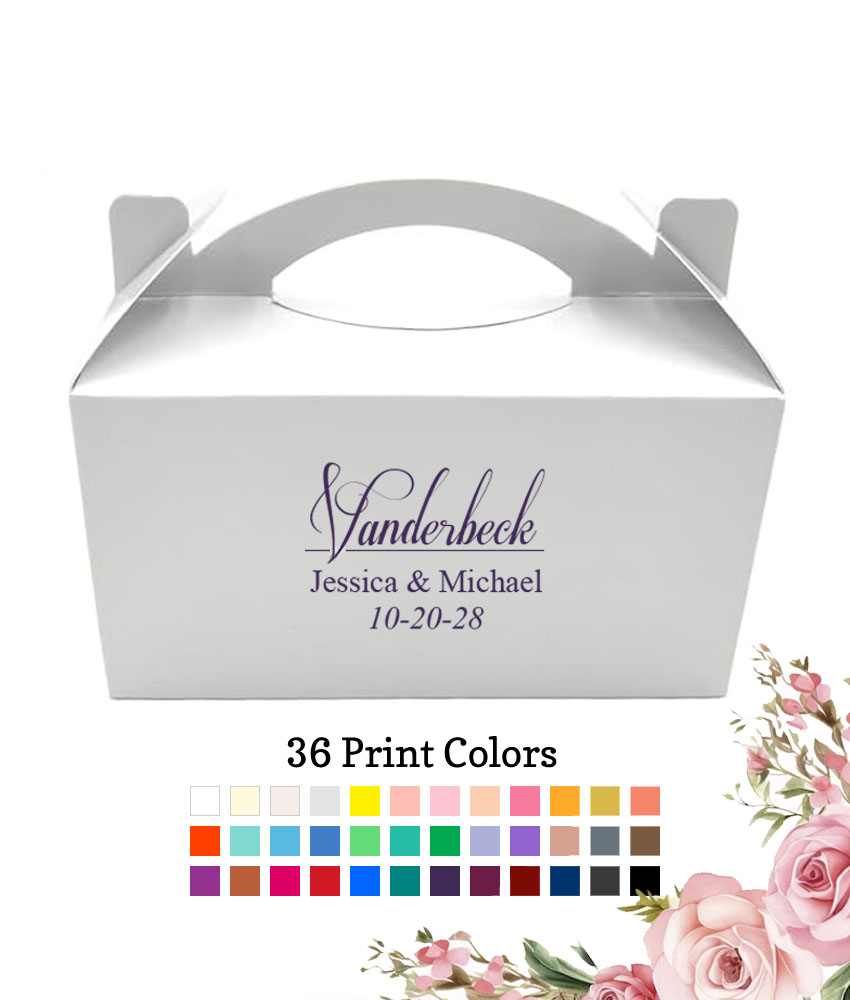 last name script wedding personalized White Take Out Gable Wedding Gift Boxes last name script wedding personalized White Take Out Gable Wedding Gift Boxes