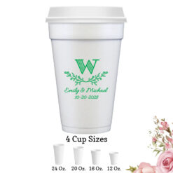 leaf monogram custom wedding white styrofoam cups with lids