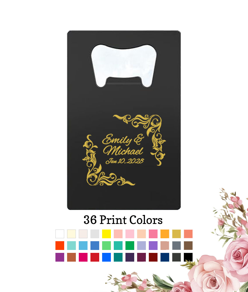 leaf scroll border wedding personalized credit card bottle opener black leaf scroll border wedding personalized credit card bottle opener black