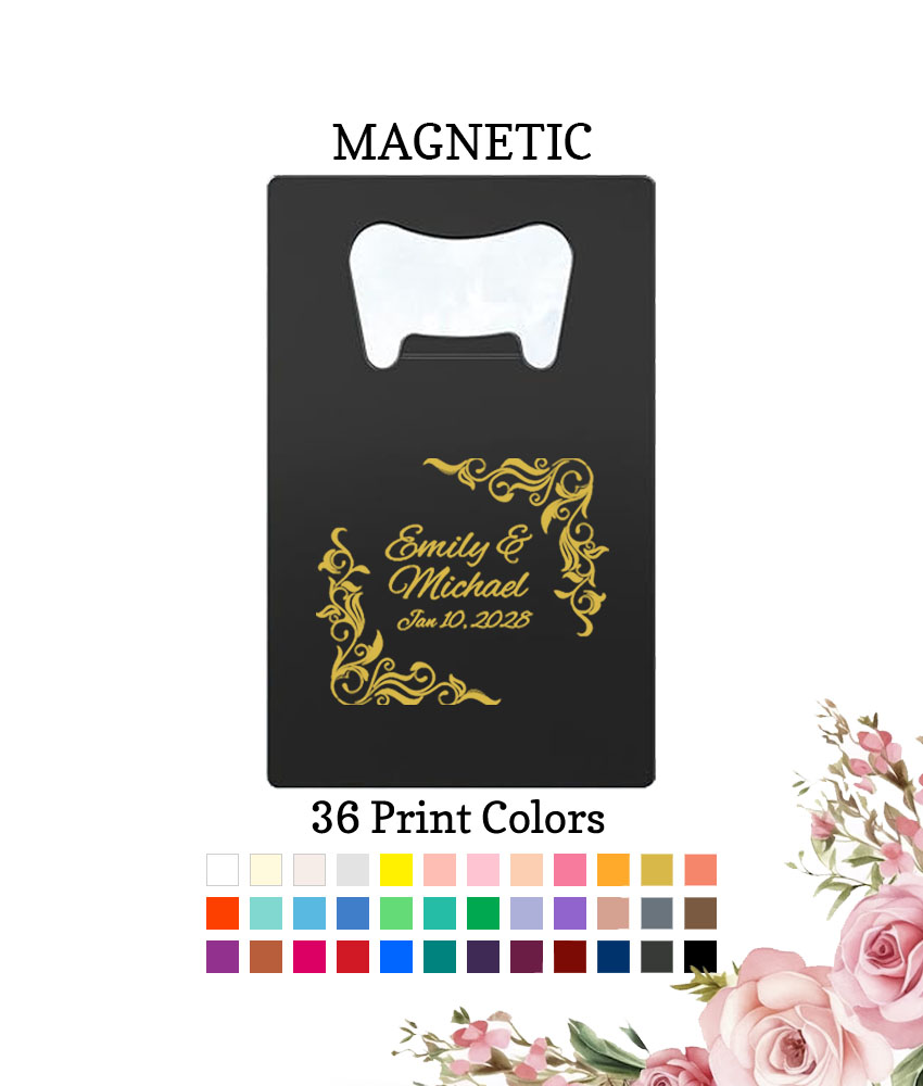 leaf scroll border wedding personalized credit card bottle openers black leaf scroll border wedding personalized credit card bottle openers black