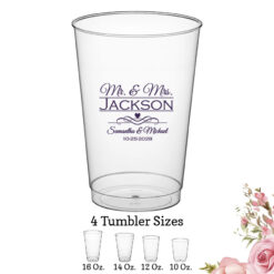 mr & mrs last name scroll personalization wedding clear plastic tumbler