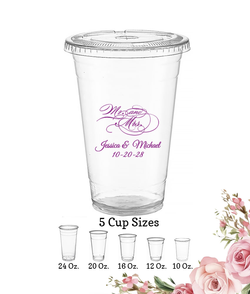 mr & mrs script custom wedding clear plastic cups with lids