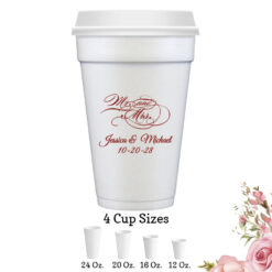 mr & mrs script personalization wedding white styrofoam cups with lids