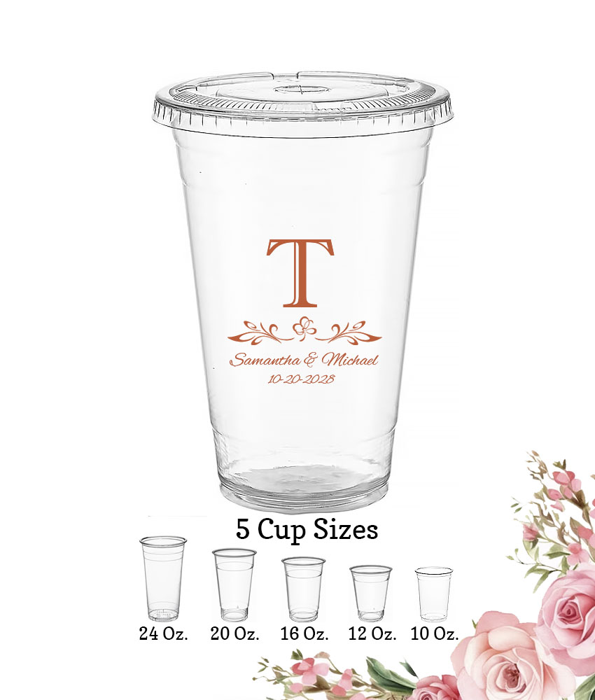 scroll monogram custom wedding clear plastic cups with lids