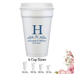 scroll monogram personalization wedding white styrofoam cups with lids