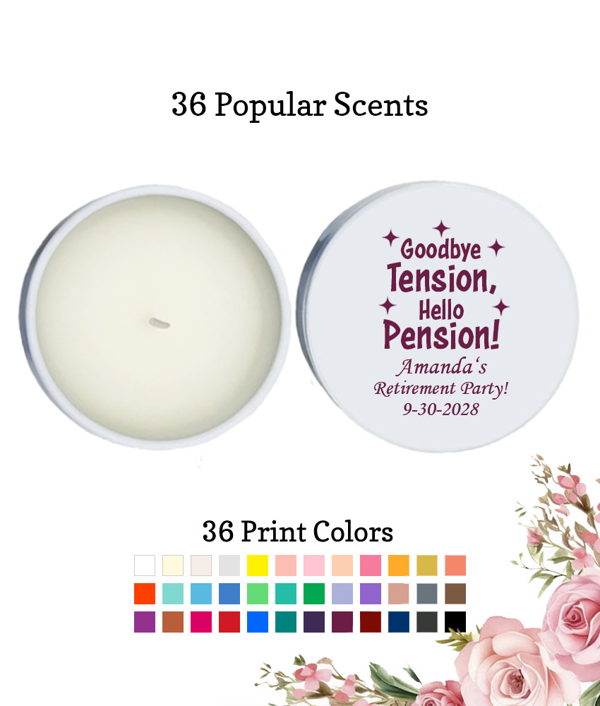 goodbye tension hello pension retirement party favors white round candle tins goodbye tension hello pension retirement party favors white round candle tins