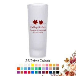 Fall Wedding 2 oz. Frosted Tall Shot Glass Shooter Fall Leaves