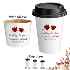Fall Wedding Paper Coffee Hot Cups With FREE Lids, Sleeve Fall Leaves