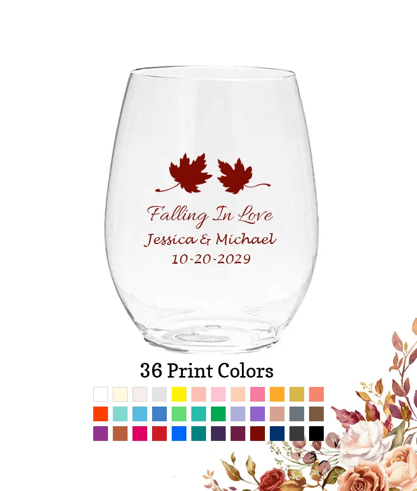 Fall Wedding 10 Oz. Plastic Stemless Wine Glasses Fall Leaves Fall Wedding 10 Oz. Plastic Stemless Wine Glasses Fall Leaves