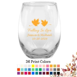Fall Wedding Stemless Wine Glasses 9 oz. Fall Leaves