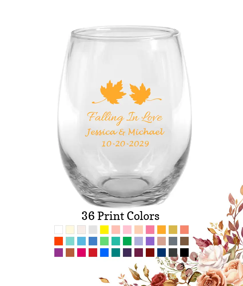 Fall Wedding Stemless Wine Glasses 9 oz. Fall Leaves Fall Wedding Stemless Wine Glasses 9 oz. Fall Leaves